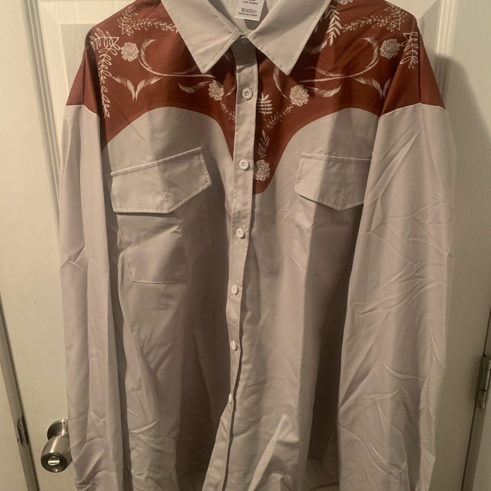 Men's Embroidered Western Shirt - Brown and White